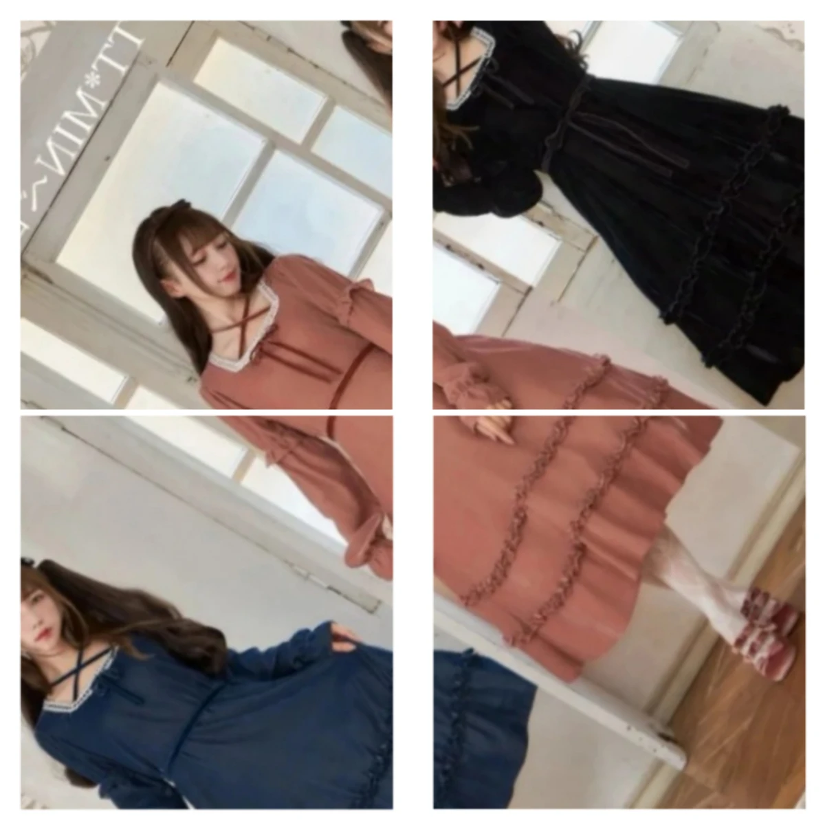 Japanese Style Original Woven Lace Collar Long Sleeve Dress Sweet Autumn New Sweet Girl High Waist Puffy Velvet Maxi Dress