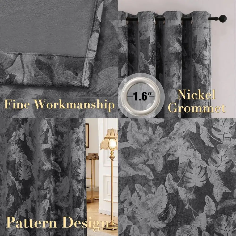 

Thermal Insulated Embossed Floral Velvet Curtains, 96 Long, Dark Gray, 2-Panel Room Darkening Grommet Drapes for Bedroom