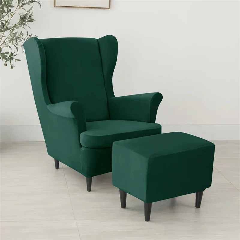 Velvet Wing Chair Covers Stretch Wingback Armchair Cover with Seat Cushion Cover Elastic Solid Color Sofa Chair Slipcovers