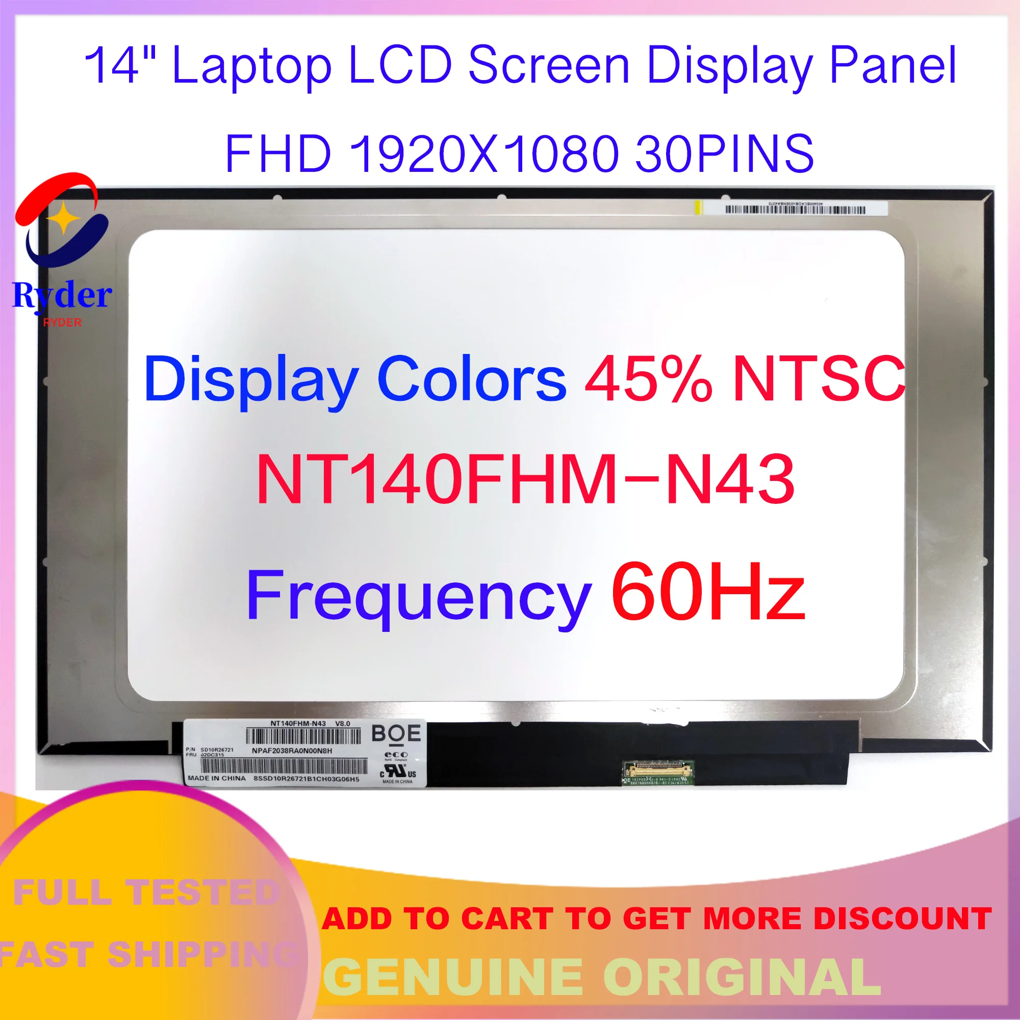 

14.0" Laptop Screen Replacement Panel B140HTN02.0 Fit NT140FHM-N43 N140HGA-EA1 FHD 1920x1080 LCD Matrix Display 30pins eDP