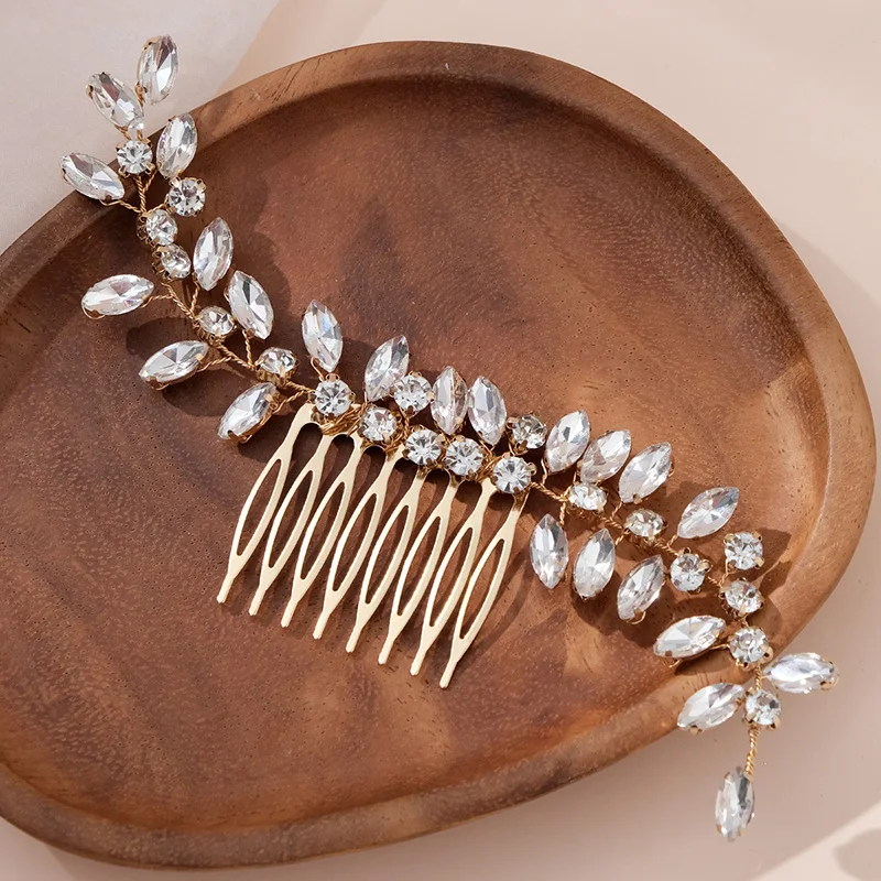 Luxury Gold Plated Rhinestone Hair Comb Simple Leafy Bridal Headdress  Jewelry Hair Clips Fine Headpieces Gift For Women
