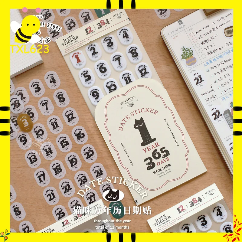 

BENZ STORE Date Sticker 12 Sheets 384 Pcs Perpetual Calendar 365 Days Daily Planner Diary Journal Stationery Agenda Sticker