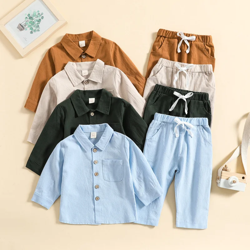 

Spring and Autumn 2023 New Boys Solid Color Cotton Linen Square Collar Shirts Casual Long Sleeve Shirts Pants Two Piece Set