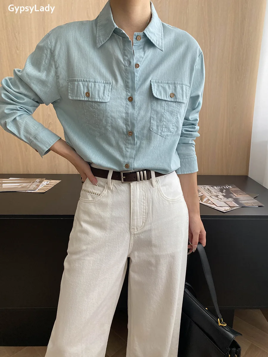 French Chic Elegant Blouse Shirt  Women Blue Linen Spring Autumn Women Long Sleeve Pocket Casual Office Ladies Top Shirts New
