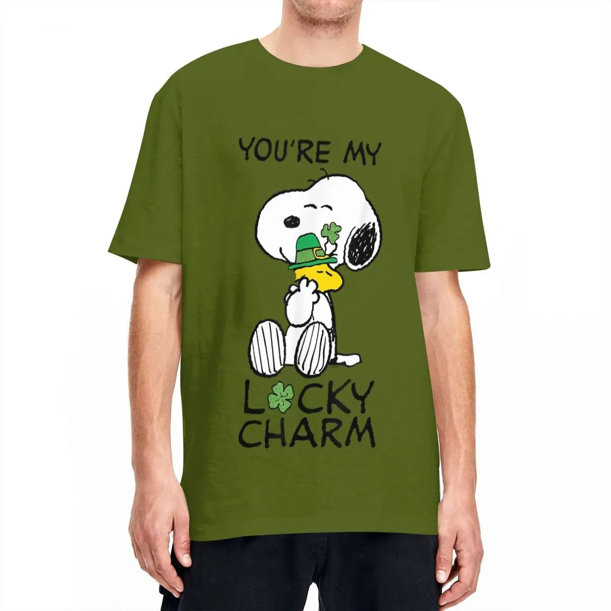 Peanuts St. Patrick's Snoopy Lucky Charm Clover T Shirts for Men 100% Cotton T-Shirt Crew Neck Tees Short Sleeve Clothing