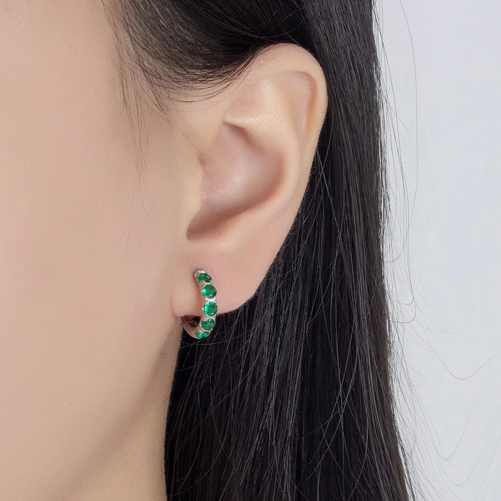 Luxury Green Simulated Nano Emerald 925 Sterling Silver Round Hoop Earring for Women Fashion Statement Gemstone Jewelry Huggies