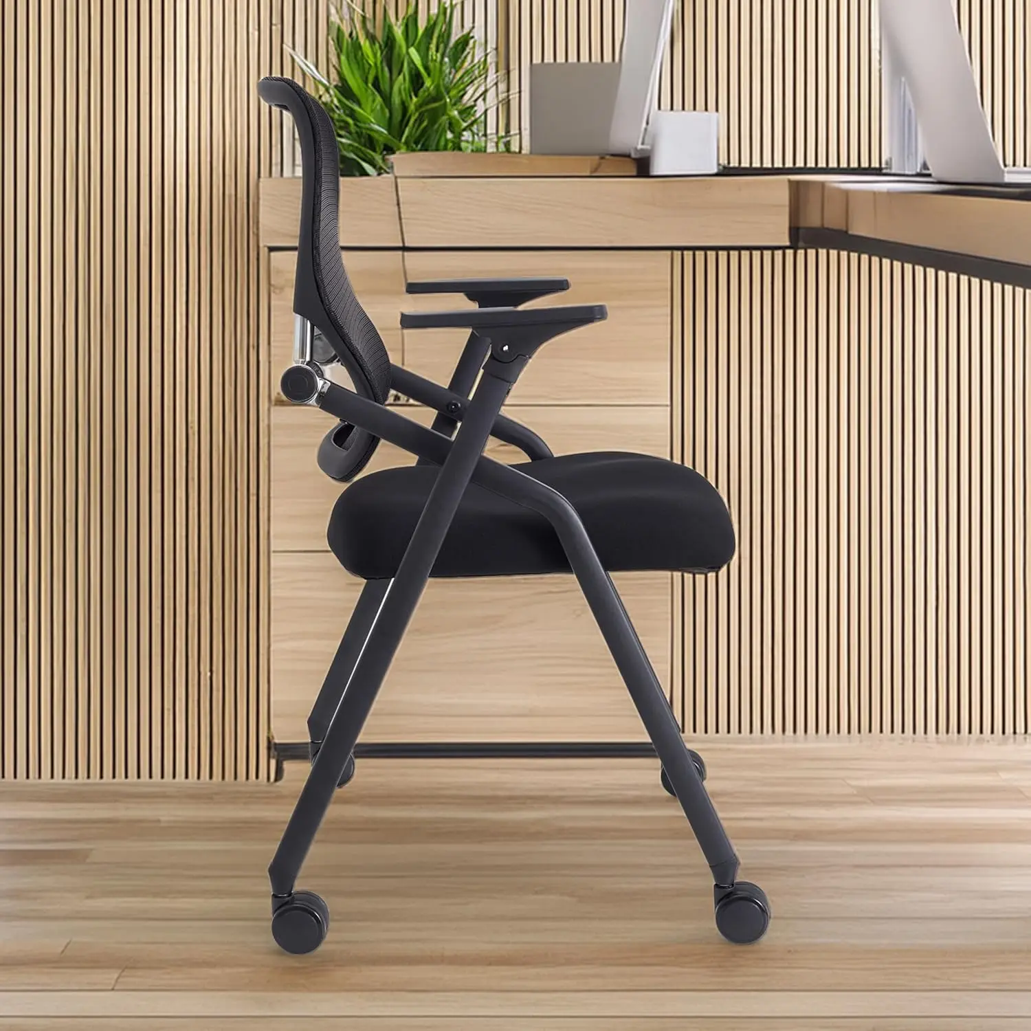 Stackable Foldable Conference Room Chair Breathable Mesh Ergonomic Office Meeting Chair High Density Cushion Armrest Lumbar Support Training Room Seating 1 Pack