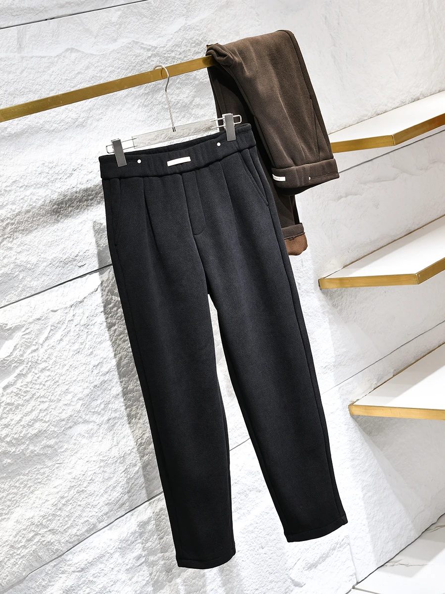 Men's Basic Straight Leg Harlan Pants Thickened Fleece Warm Pure Color Casual Trousers Autumn Winter Fashion Urban Style