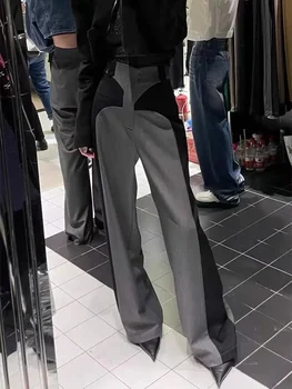 מכנסי חליפה מעוצבים בצבעים נגדיים עם פסים משולבים לנשים, מותאמים למותן הגבוה, מחמיאים ומתרחבים