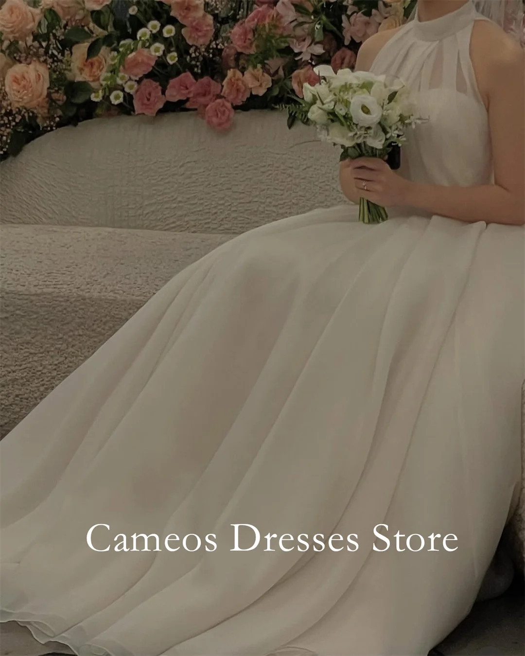 SONDR Customized High Neck Ruched Wedding Dresses Simple A-Line Organza Sleeveless Korea Brides Gowns Women Bridal Dresses
