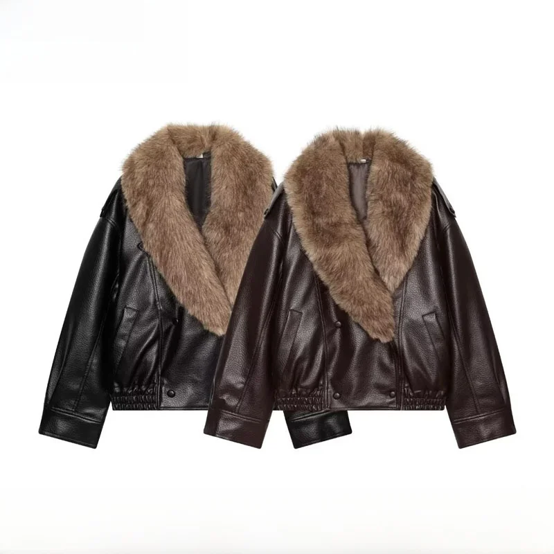Fashionable Casual Detachable Collar Jacket Women's Short Outerwear Polyester Fiber Warm Long Sleeve Double Button Closure