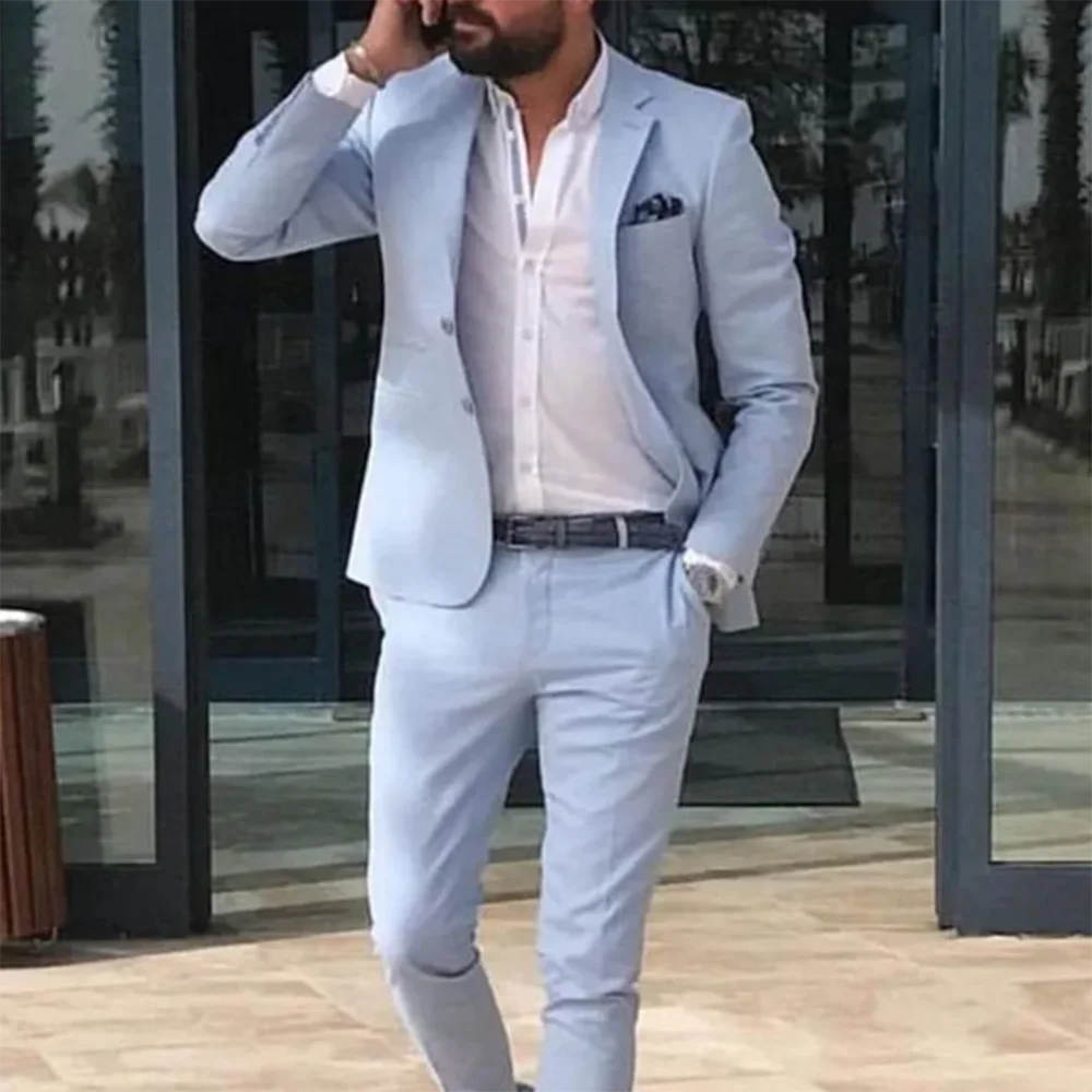 

Light Blue Suits For Men Handsome Single Breasted Peak Lapel 2 Piece Jacket Pants Slim Fit Business Prom Terno Masculinos Comple