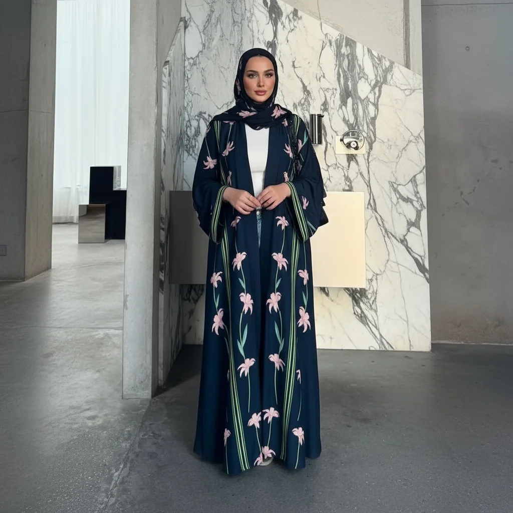 

Muslim Women Abaya Hijab 2 Piece Set Black Floral Print Open Front V Neck Long Sleeve Silk Maxi Dress Islamic Modest Clothing