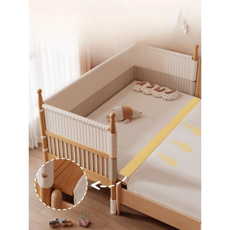 

Maple sleep beech baby splicing bed, solid wood heightened bed with guardrail