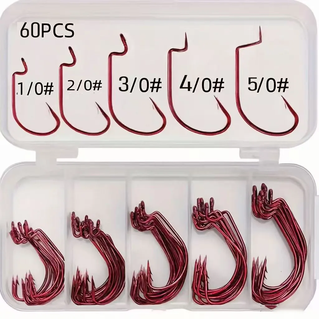 60 Stück/Karton 1/0-5/0 #   Angelhaken aus Kohlenstoffstahl, Jig, Angelhaken mit Widerhaken, Zubehör, schwarzes Nickel, Kurbel-Angelhaken, verkauft