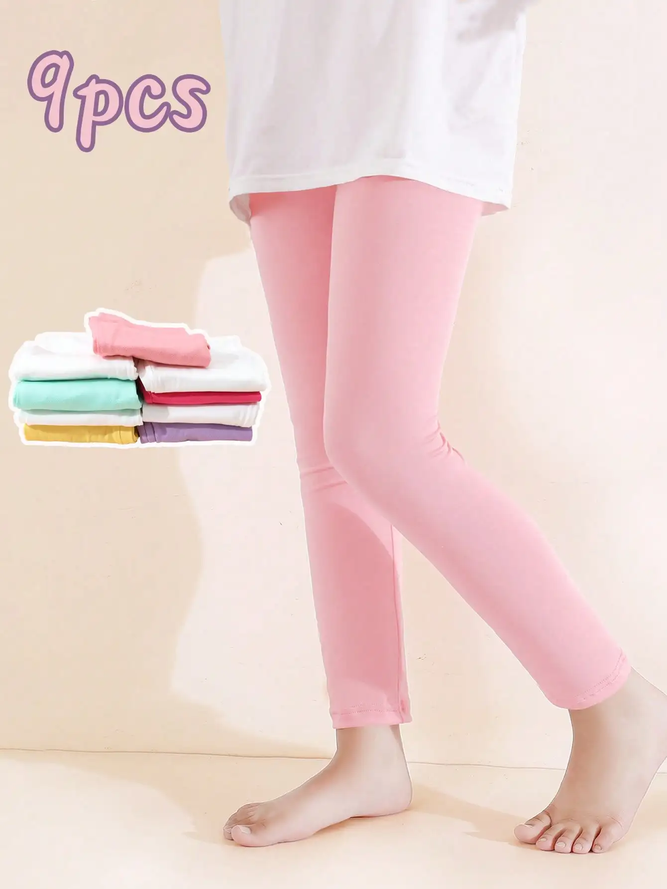 

9Pcs Kids Solid Color Leggings 2-11Y Soft Cotton Elastic Waist Trousers For Boys Girls School Uniform, Casual & Daily Home Wear