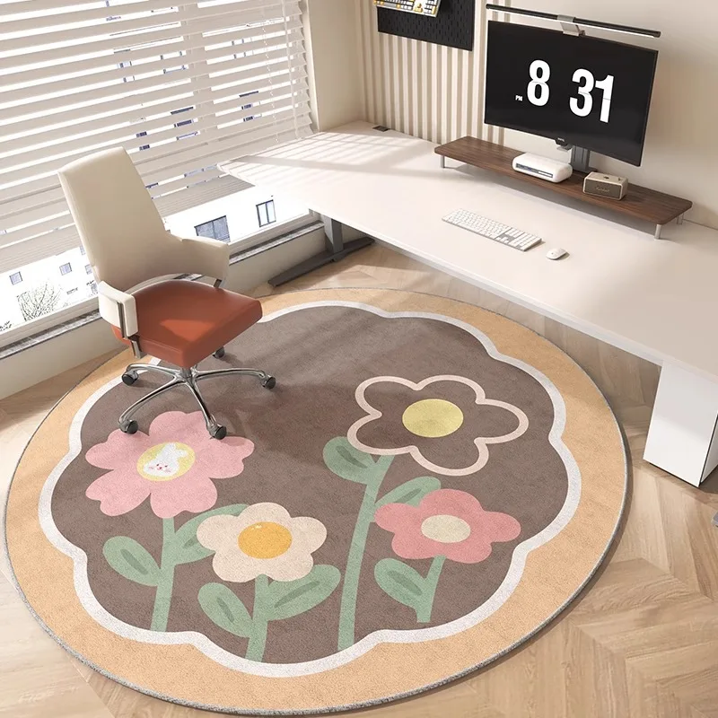 Flower Round Rug – Simple Line Art Design, Cute Non-Slip Play Mat for Kids & Home Decor