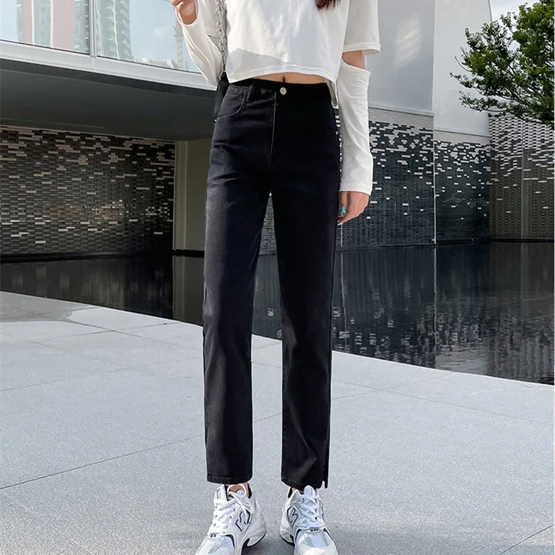 2023 Vintage Washed Denim Straight Pants Women Jeans High-waist Slim Ankle-Length Casual Pants Female Oversize Split Foot Jeans