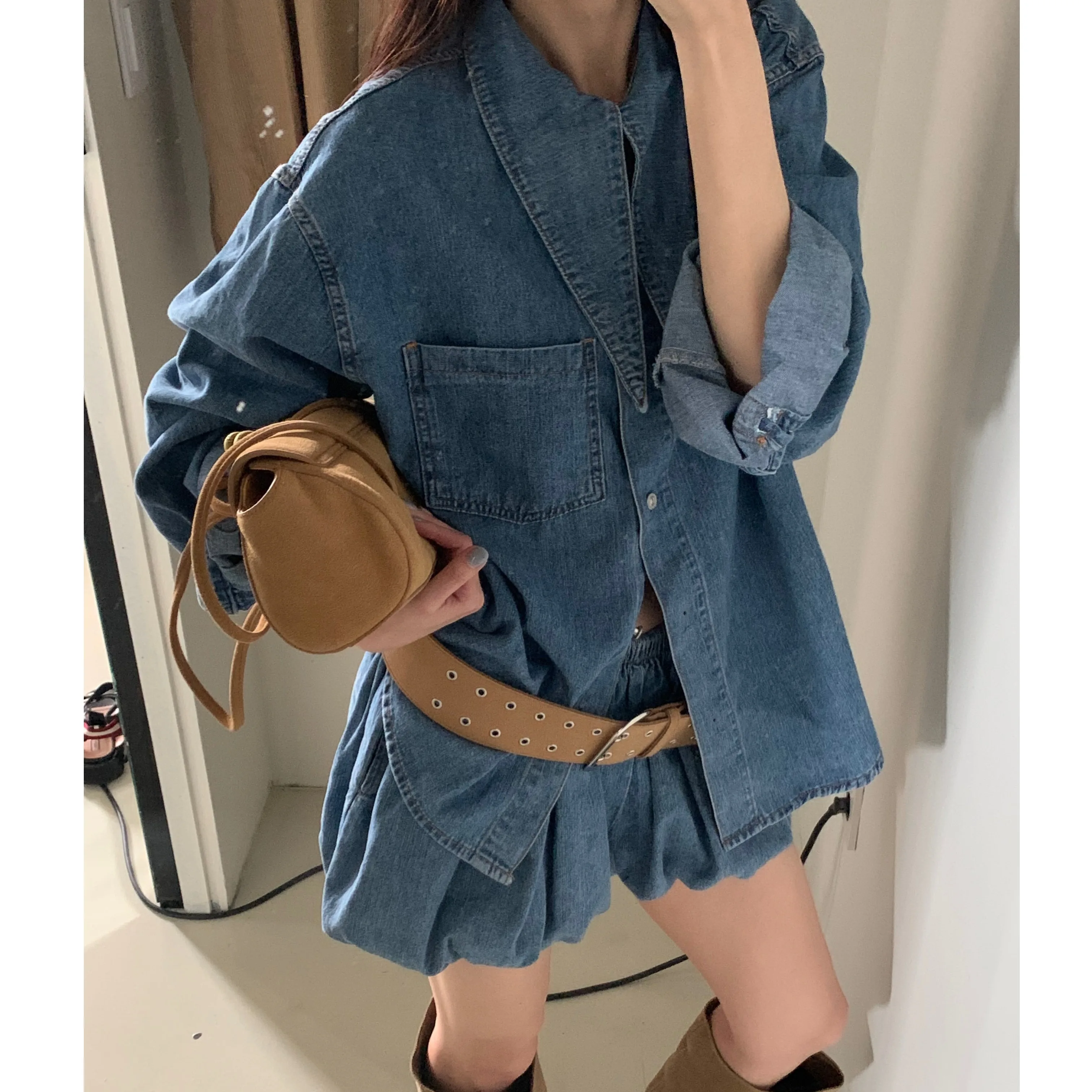 Retro Washed Denim Jacket Pleated Shorts Set Women's Fashion Ensemble Long Sleeve Neutral Style Winter Collection Universal Fit