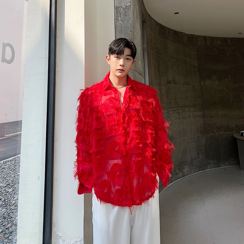 

Loose Fit Long Sve irt Men's Red Deconstructed Design Casual Luxury Sle 's Eye Beard Detail Breathable Moisture Wic...