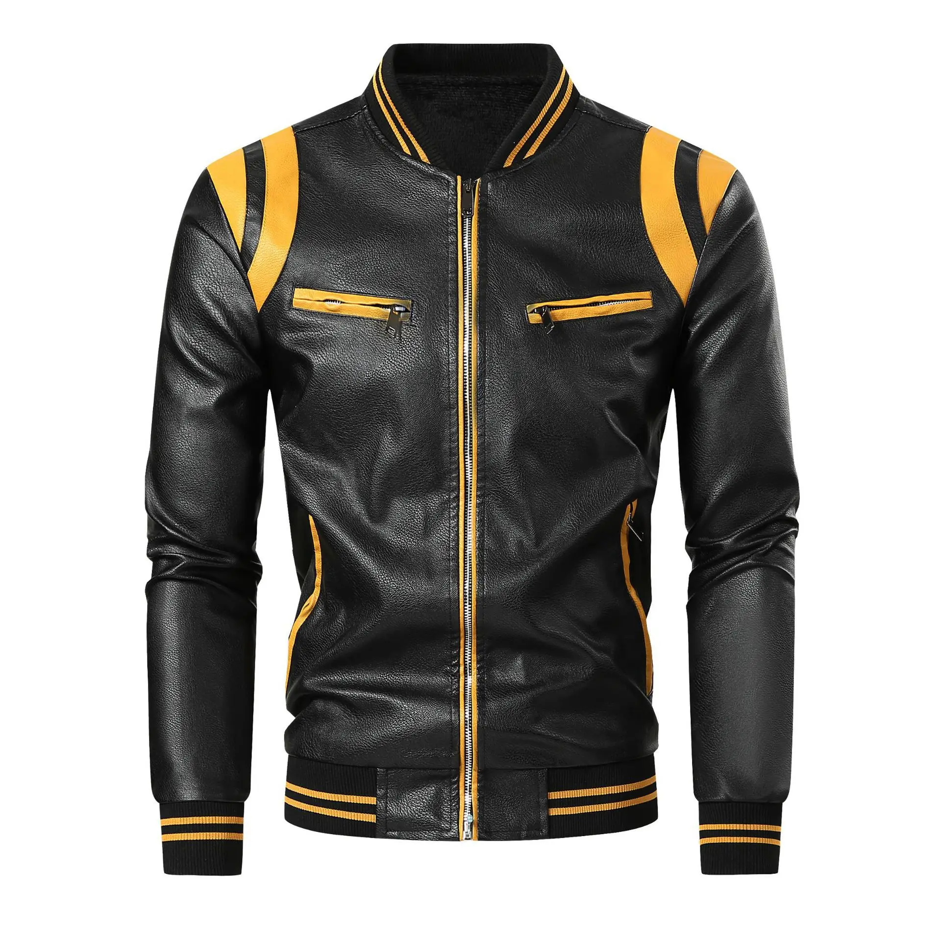 American Style New Fashion Men Color-coded Stand Collar Zipper Long Sleeve Casual Simple Daily Trendy Faux Leather Jackets Male
