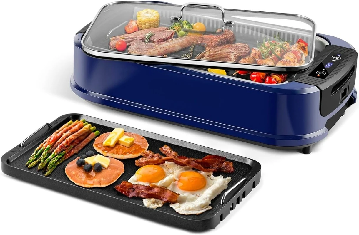 

Бездымный гриль, комнатный гриль мощностью 1500 Вт, электрическая сковорода-гриль со светодиодным интеллектуальным дисплеем и крышкой из закаленного стекла, портативная корейская