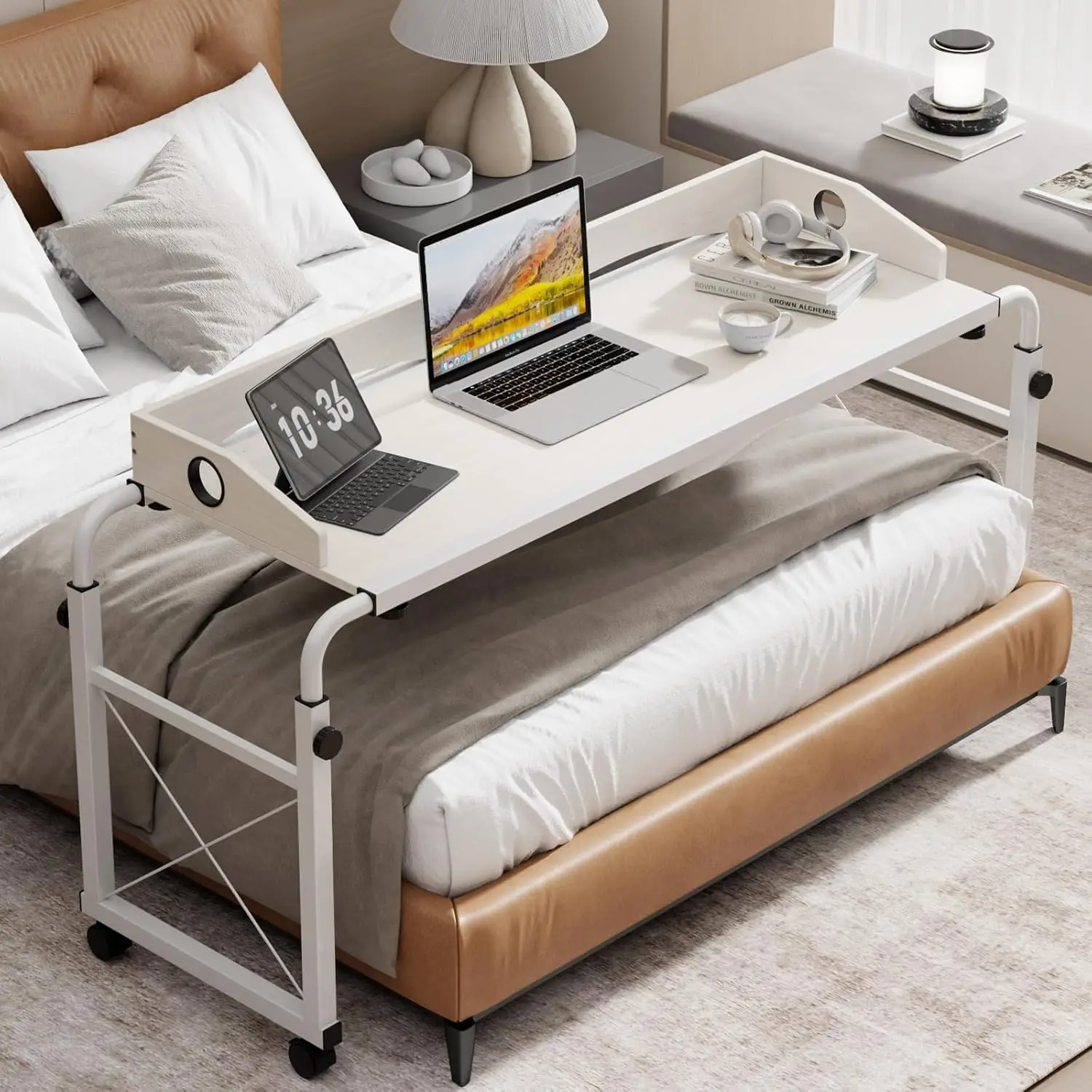 Adjustable Laptop Desk for Bed with Wheels, Overbed Table for Queen Size Beds, Rolling Standing Desk in White