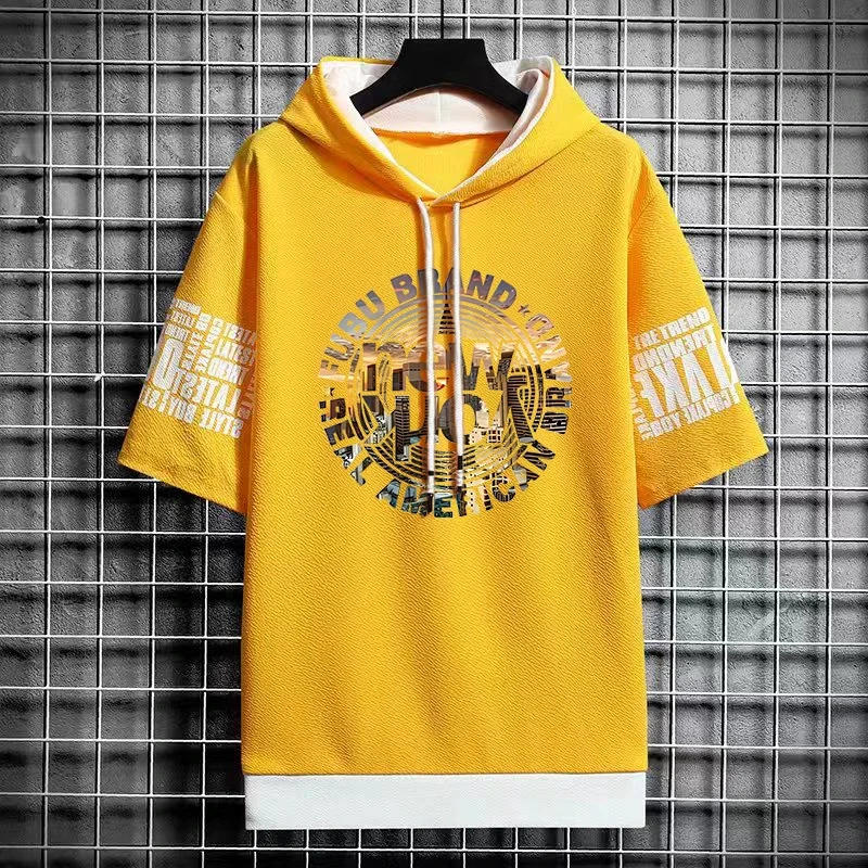 Men Short Sleeve Hooded Graphic T Shirts Summer Harajuku Top Korean Streetwear Tees Casual Men Clothing Hot Sell T New 2024