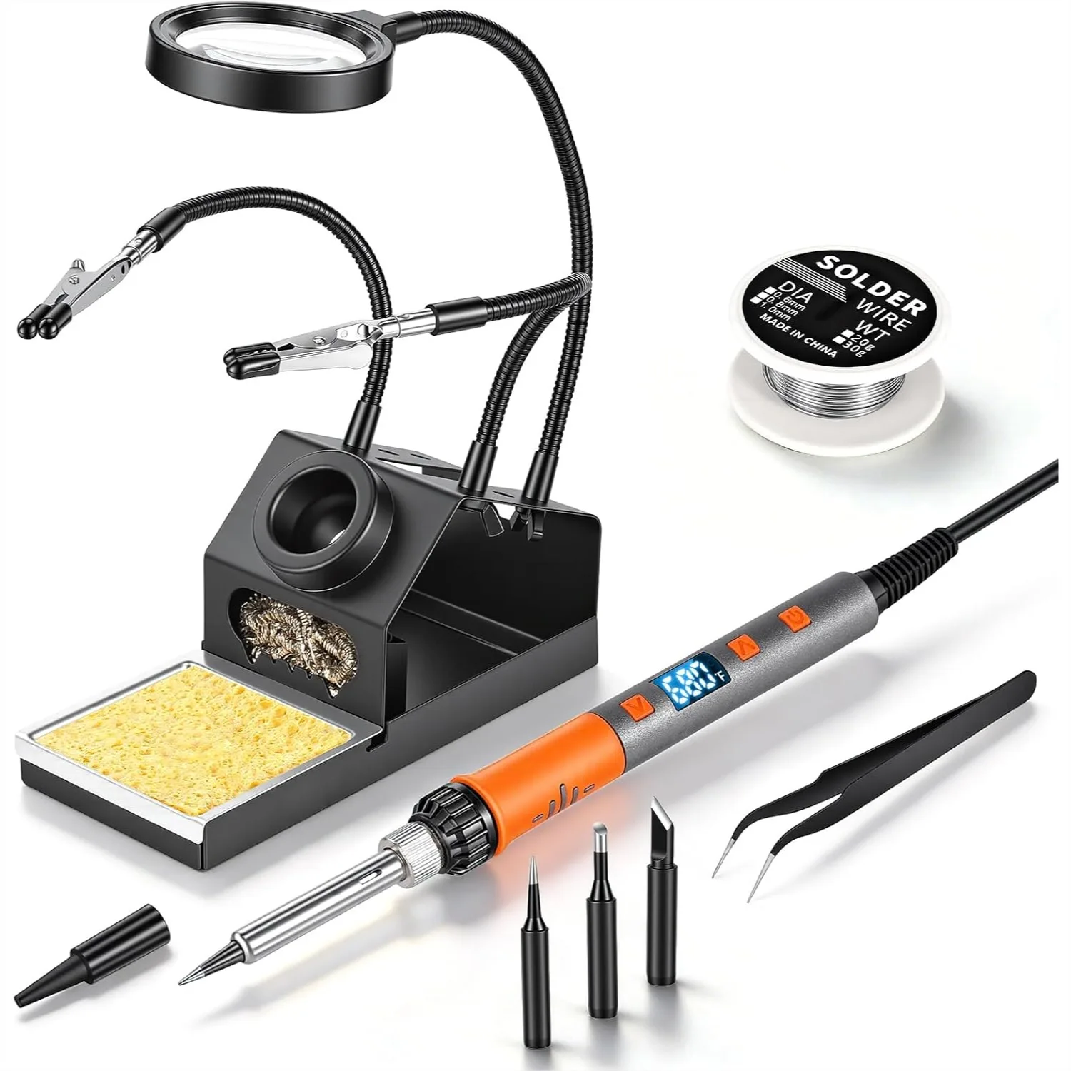 

100W Soldering Iron Kit with LCD Display, Fast Heating, Auto Sleep, Magnifying Glass Stand & Helping Hands