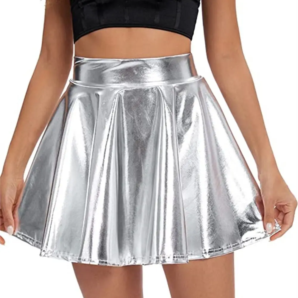 

Elegant Metallic Pleated Skirt Retro Flared Design A-line Short Skirt Elastic Gold Silver Pleated Skater Skirt Festival Outfit