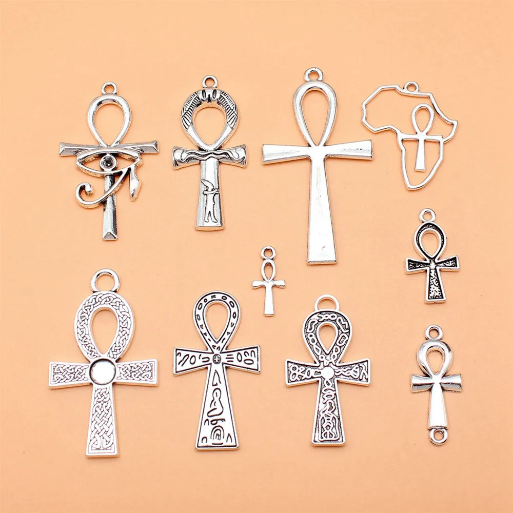 10pcs/lot Antique Silver Color Key Of Life Ankh Cross Charms Collection For Jewelry Making Car Accessories