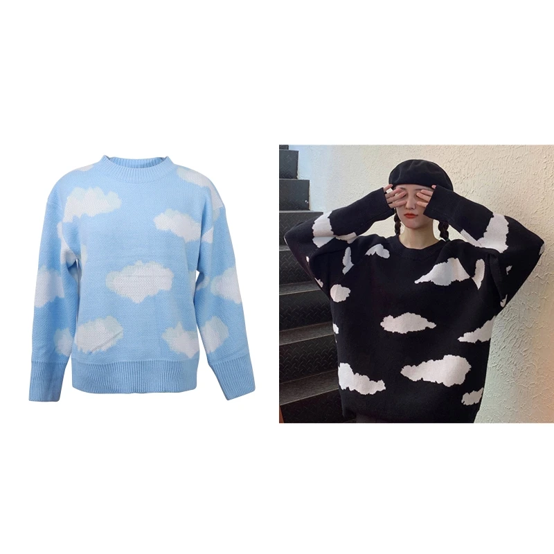 

Women Long Sleeve O-Neck Knitted Sweater Sweet Cloud Print Oversized Jumper Tops N7YE