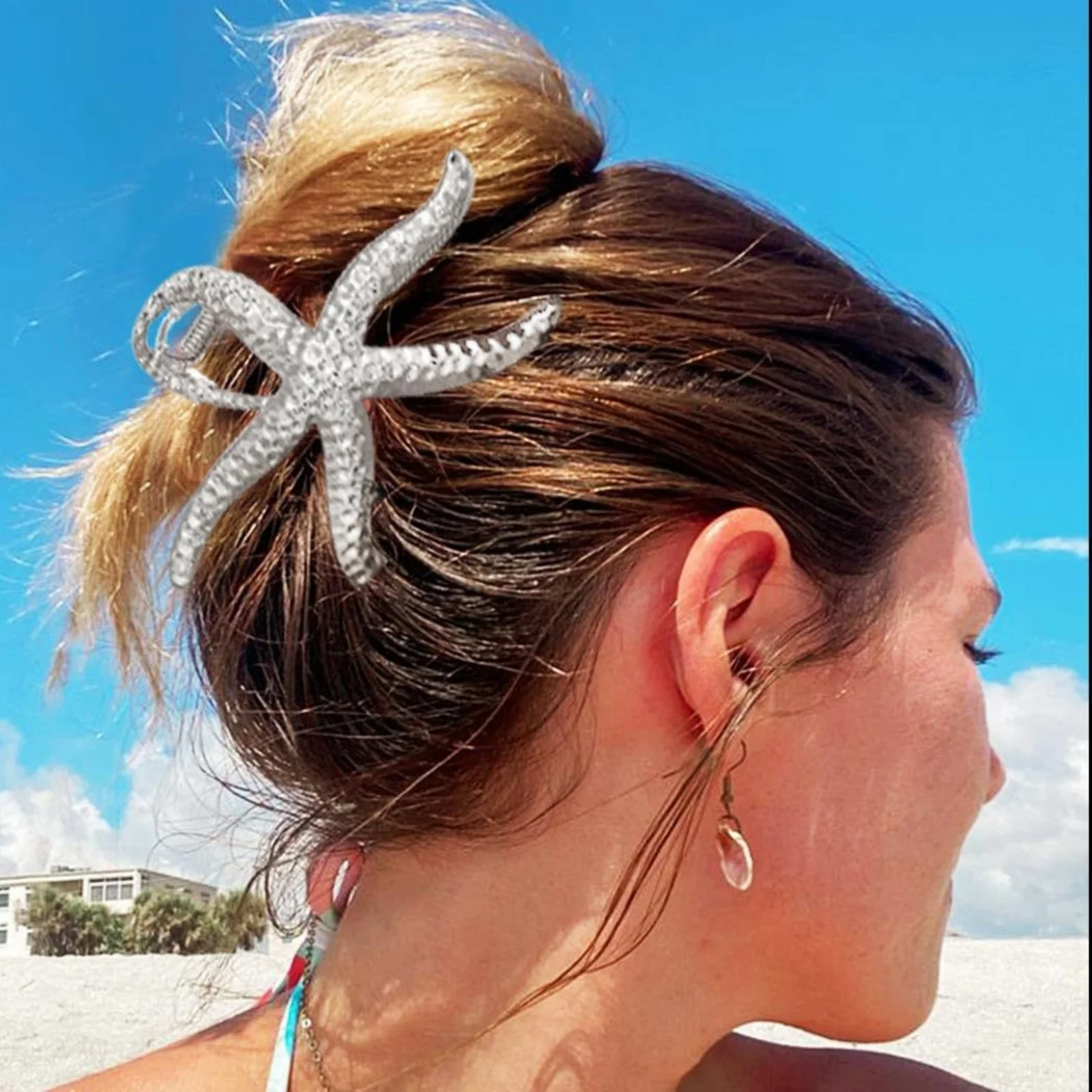 1 Stück Seestern – geformte Haarklammern, gold- und silberfarbene strukturierte Metall-Haargriffe, schicker Strand-Haarschmuck für Frauen – Detail 5