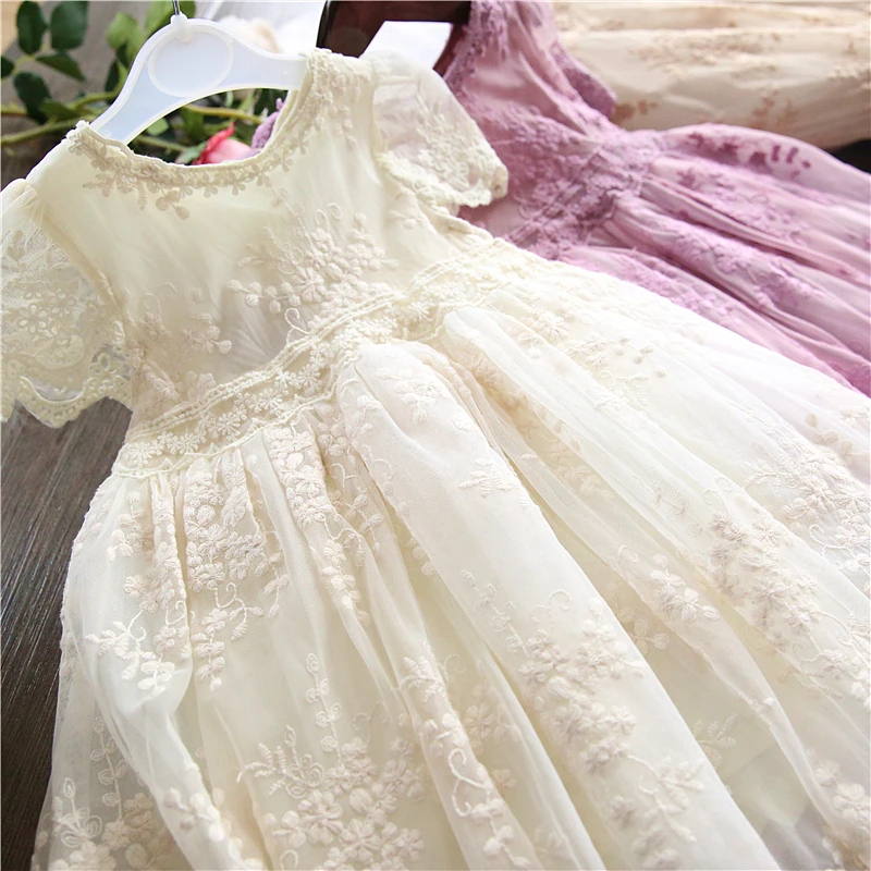 Girls Flower Lace Embroidery Dress Kids Elegant Princess Dresses Wedding Birthday Party Ball Gown Vestidos Children Clothing Wea