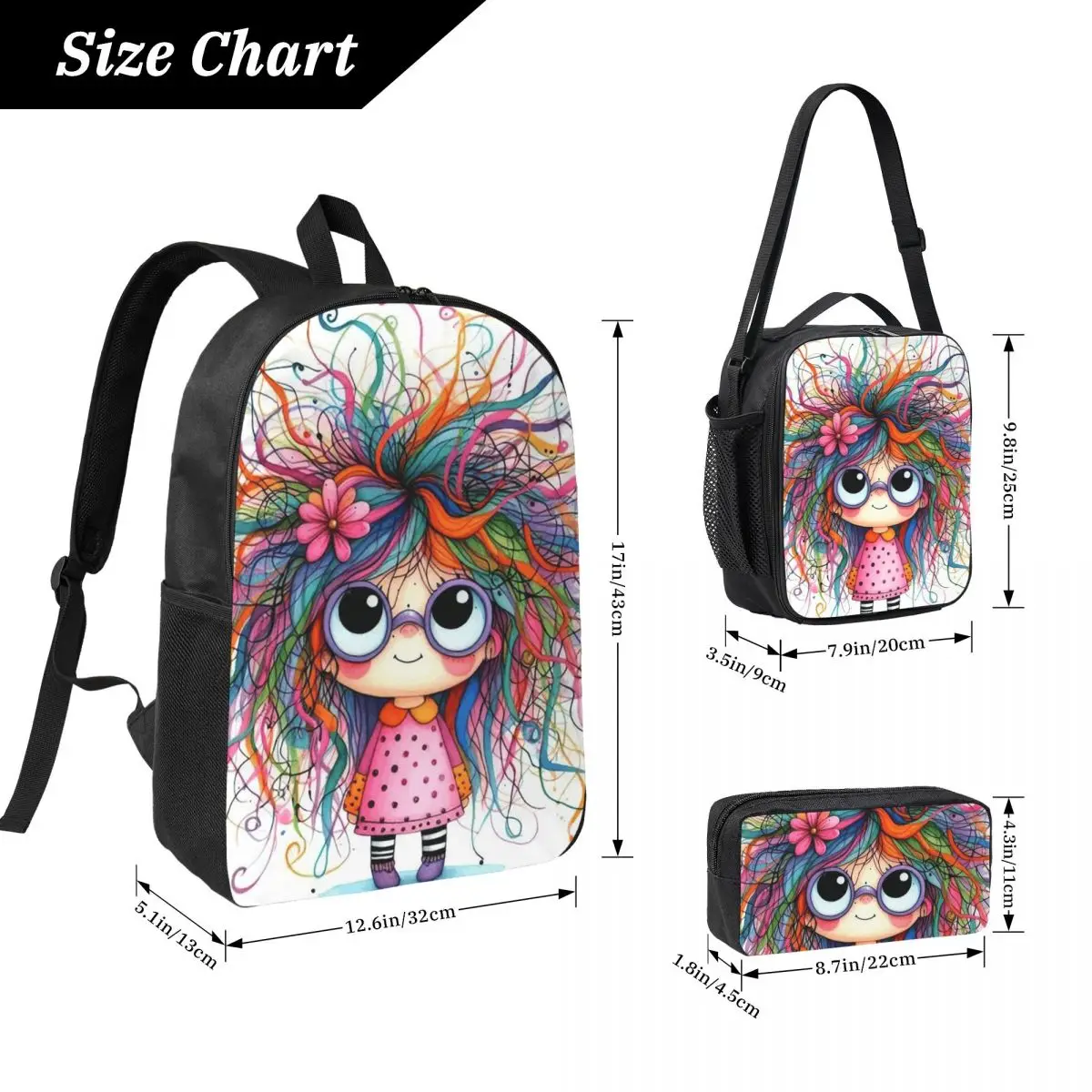 Whimsy Colorful Hair Girl Design Backpack Student BookBag School Bag Computer Shoulder Bags 3ps Insulated Lunch Bag Pencil Case