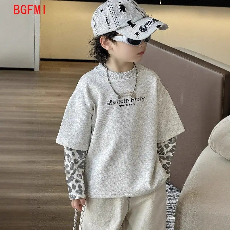 

2025 весенне-осенние детские бежевые серые хлопковые футболки с леопардовым принтом для девочек и мальчиков в стиле пэчворк, детский свитшот высокого качества