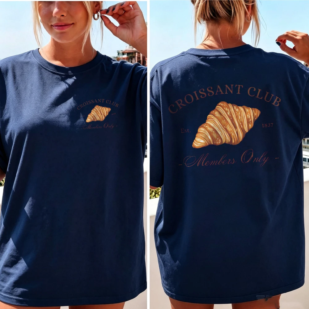 Women Croissant Club Members Only Front Back Double Sided T Shirt Vintage French Bread Pastry Loose Cotton Bakery Food Lover Top