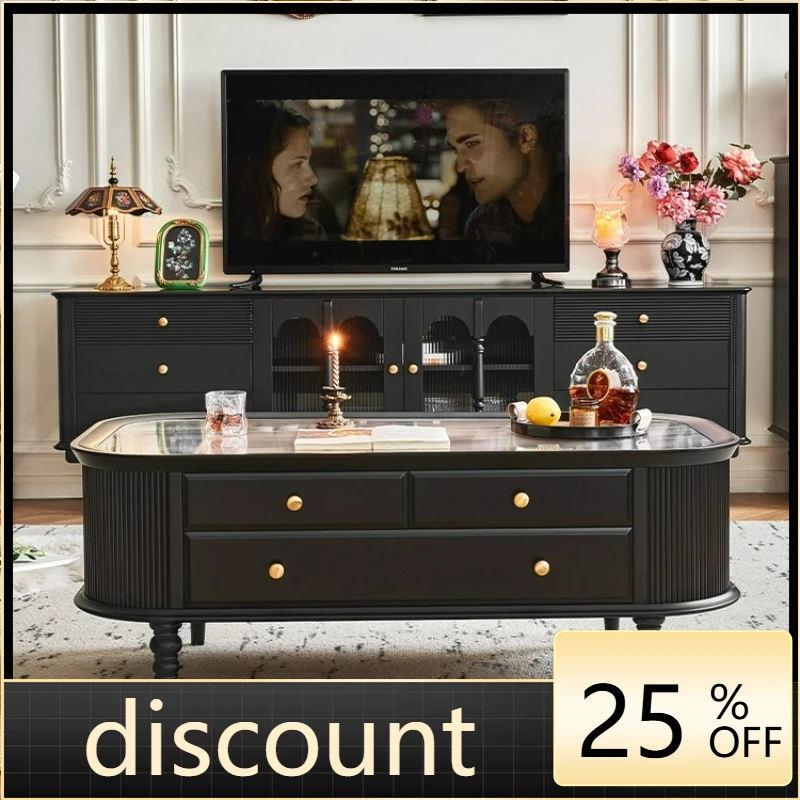 

LTT black antique coffee table French retro solid wood home living room oval coffee table