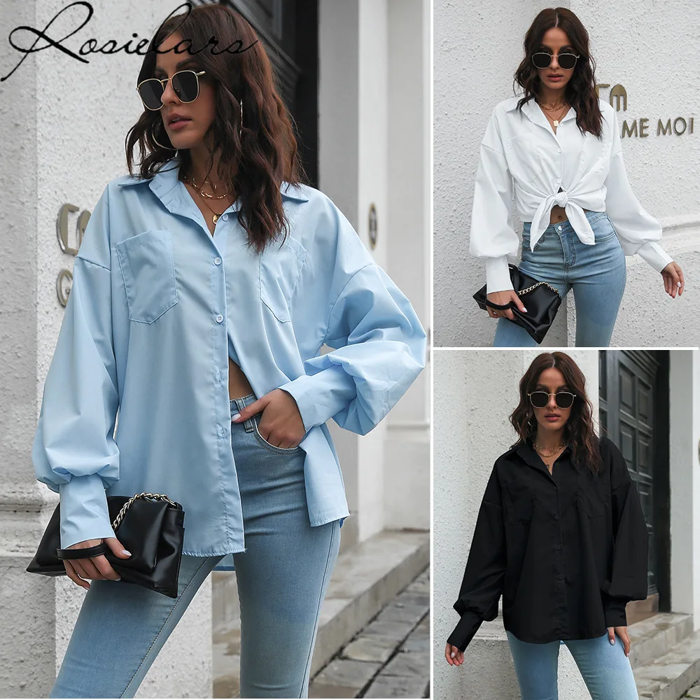 

2023 Lantern Sleeve Long Sleeve Shirt Loose White Shirts Women Shirt Womens Tops Blouse OL Outfits Casual Blouses Black Top