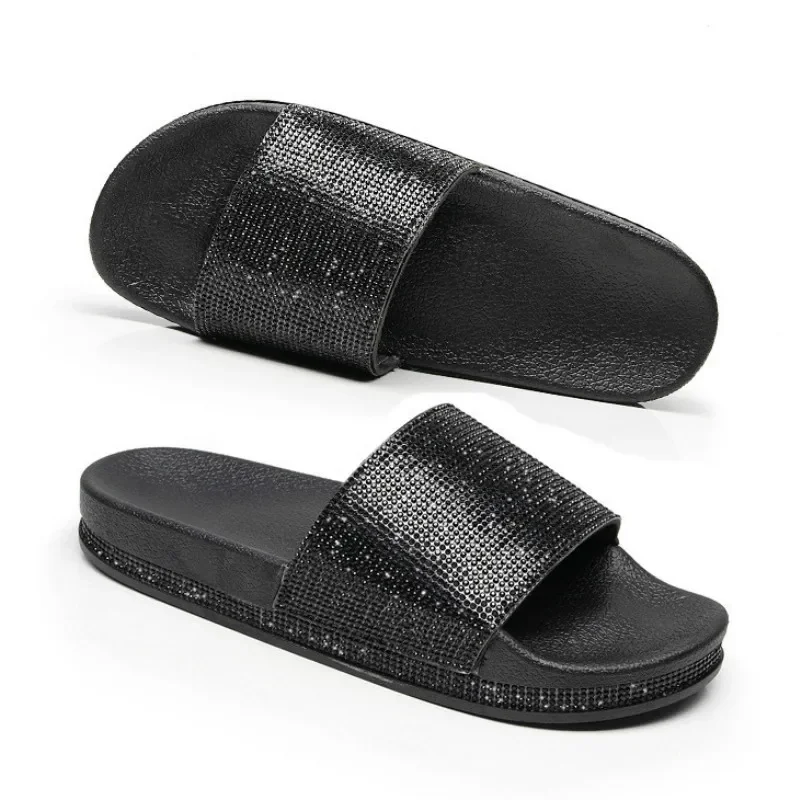 Rhinestone Lady Slippers New Fashion Women Flip Flops Slip-on Comfortable Beach Shoes Bling Diamond Flat Bottom Outdoor Slides