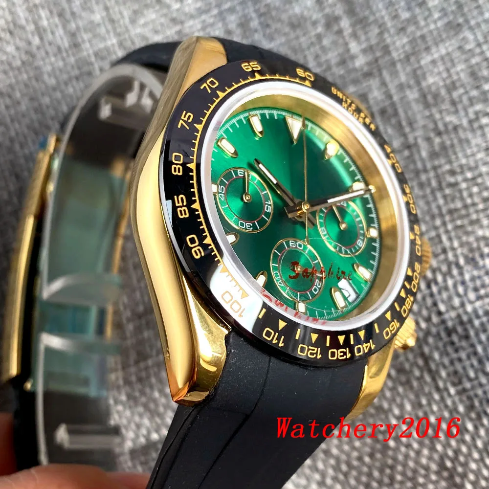 Customized Vk63 Movement 39mm Sterile Dial Yellow Gold Case Multi-Function Full Chronograph Quartz Watch for Men Steel Rubber