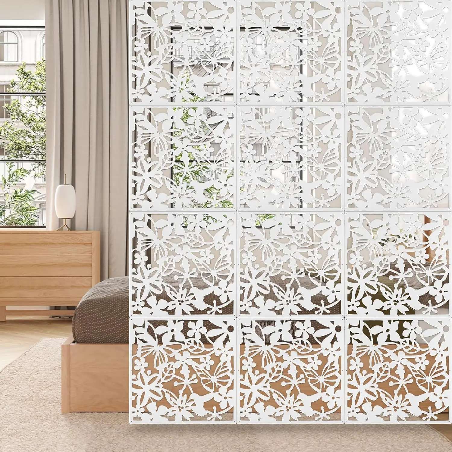 

24 PCS Hanging Room Divider Flower Carving Pattern Panels Decorative Wall Screen Panel Hollow Out Design for Living Dini