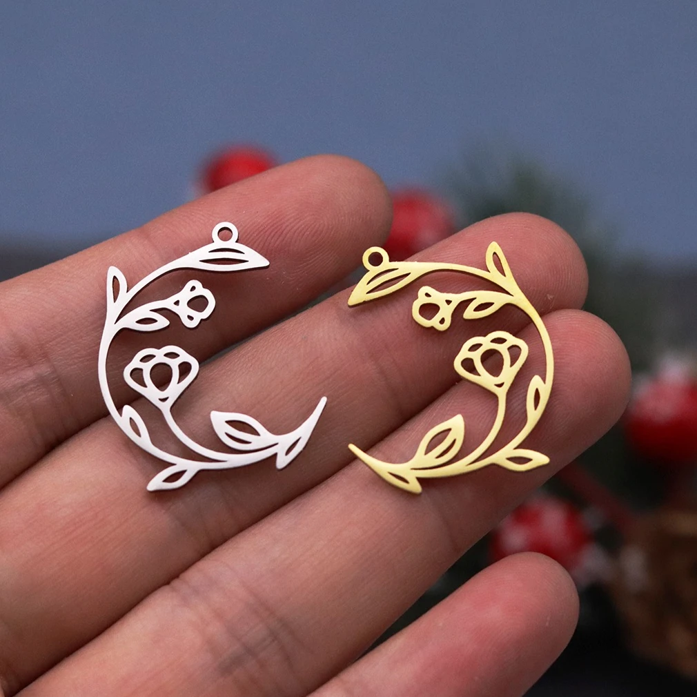 3pcs DIY Fashion Women's Hollow Moon with Flower Branch Pendant Charms For Jewelry Making Crafts Finding Stainless Steel Pendant