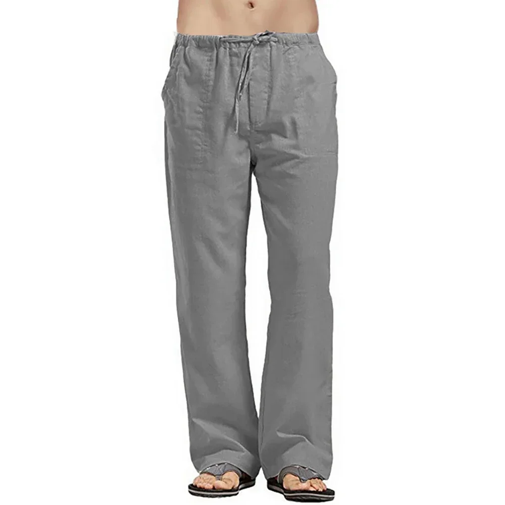 Summer Casual Pants Men\'s Breathable Loose Lightweight Straight Pants Multiple Pockets Solid Color Trousers Men Linen Sweatpants