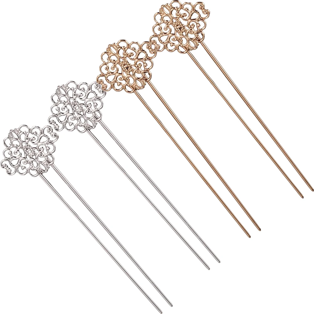 

4pcs U Shaped Hairpin Toppers Classic Chinese Vintage Hair Sticks Accessories for Long Hair Bun Styles Elegant Metal Pins