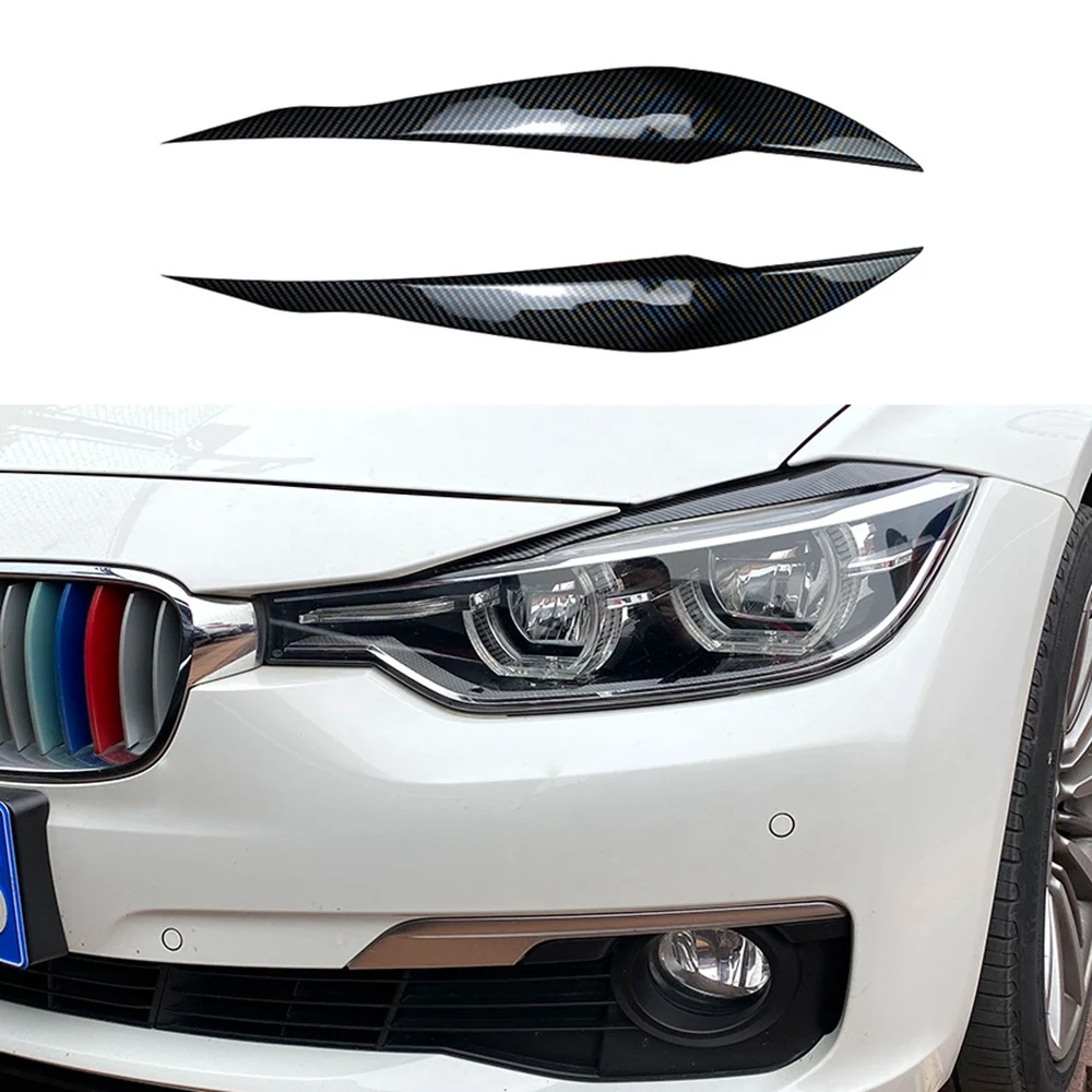 2Pcs Carbon Fiber Front Plated Headlight Cover Head Light Lamp Eyelid Eyebrow Trim ABS for -BMW F30 F35 2013-2019