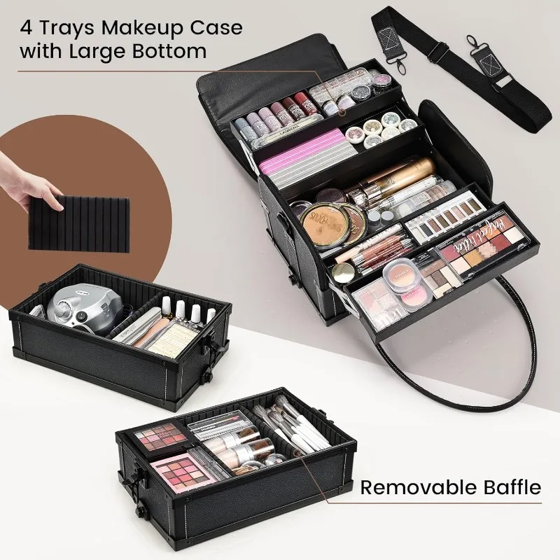 Rolling Makeup Case 5 IN 1 Cosmetology Case on Wheels Makeup Organizer Travel Case with Shoulder Strap for Makeup Artists