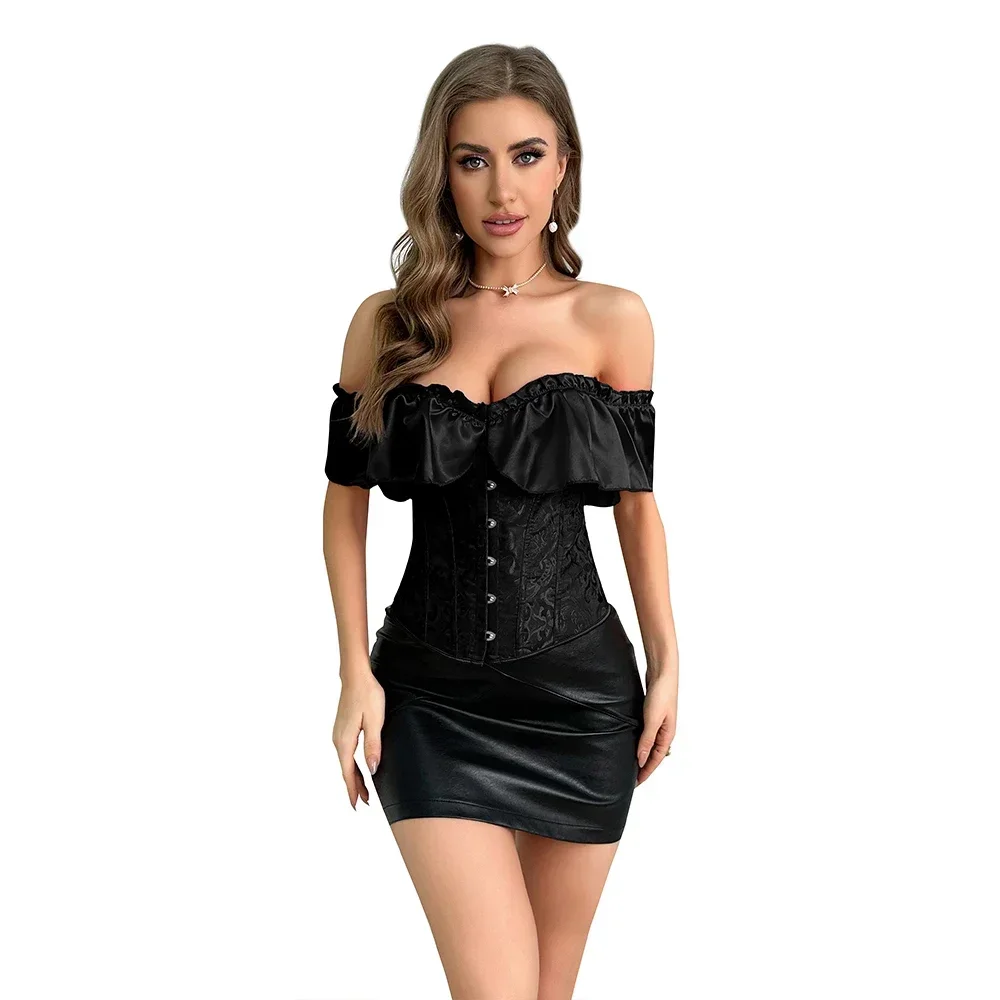 Women Sexy Puff Ruffle Sleeve Overbust Corset Steel Bone Off Shoulder Jacquard Waist Bustier Top Black