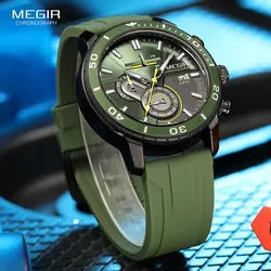 MEGIR-Montre de sport à quartz avec bracelet en silicone vert olive pour homme, montre-bracelet chronographe étanche avec date automatique, aiguilles Shoous, mode