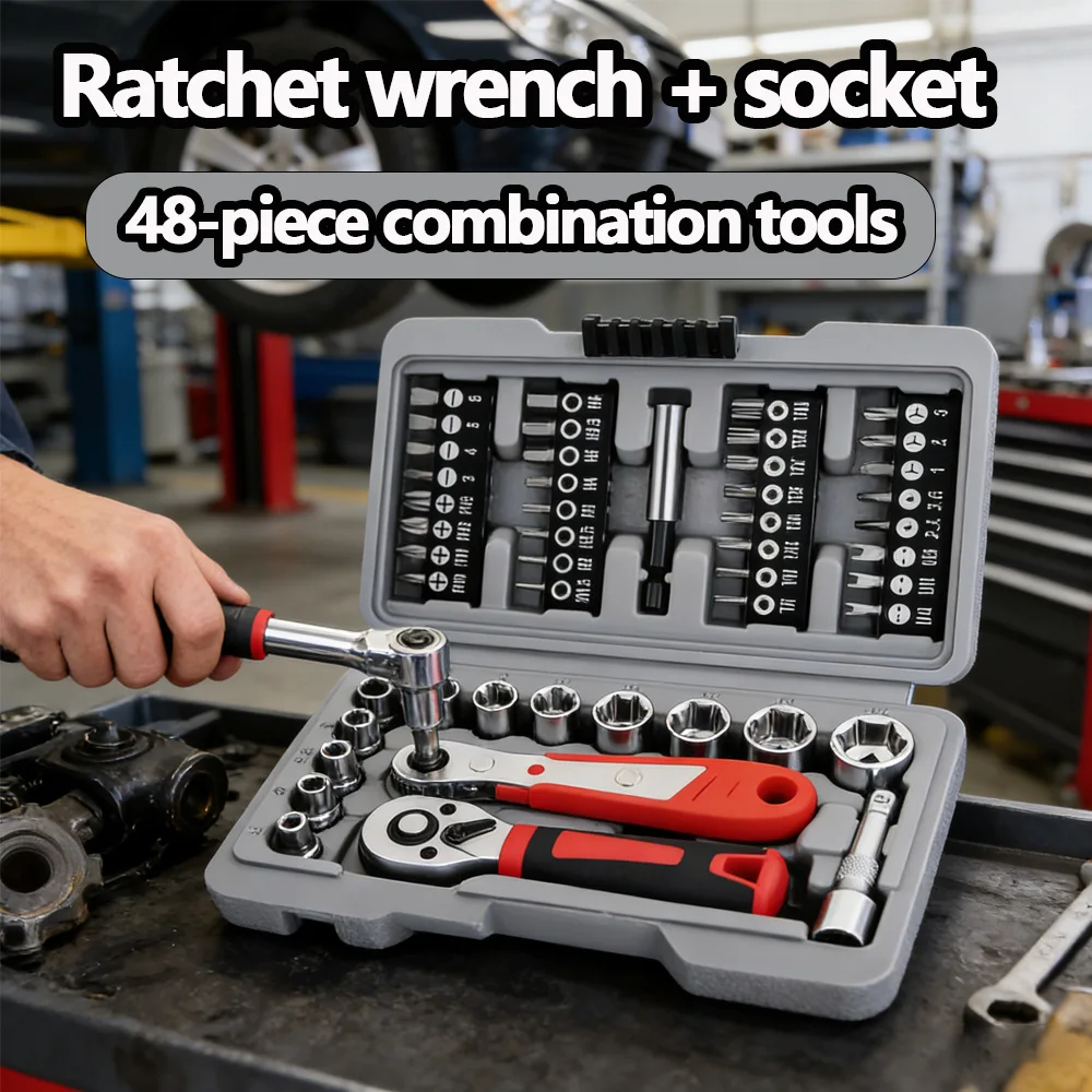 

48PCS Ratchet Socket Wrench Set 1/4 Adjustable Hand Tool Kit with CRV Screwdriver Bits for Home Auto Repair and Mechanical Work